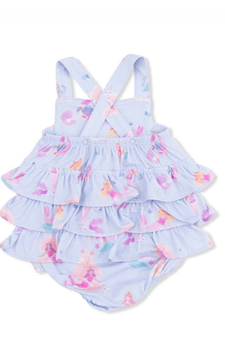 Children's swimsuit with ruffled layers and mermaid pattern on a white background