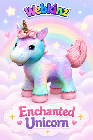 A colorful Webkinz Enchanted Unicorn toy with a pastel rainbow gradient body, pink mane and tail, and a gold horn, set against a whimsical background with a rainbow, stars, hearts, and the Webkinz logo.