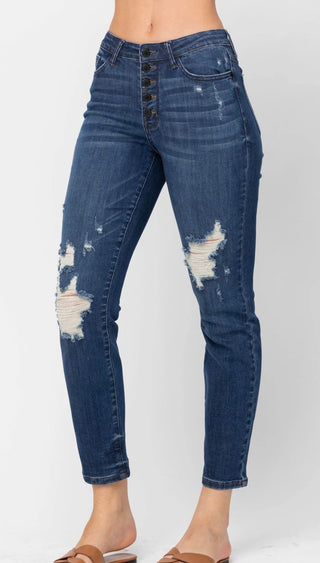 Judy Blue High Rise Button Fly Distressed Boyfriend Jeans