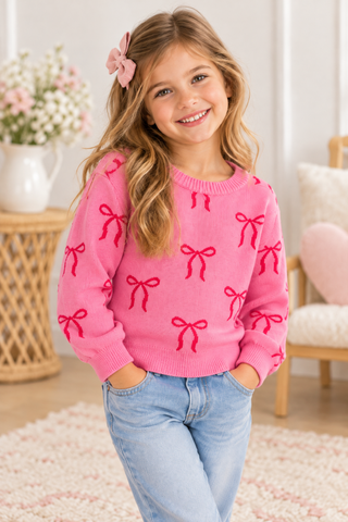 A young girl with a pink bow in her hair smiles while wearing a pink crewneck sweater with a repeating red bow pattern, paired with light blue jeans in a cozy, brightly lit room.