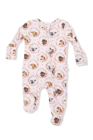 Infant: Angel Dear 2 Way Ruffle Back Zipper Footie Farm Animals Floral Cameos Pink