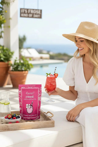 Woman holding a pink drink by a poolside with a package of  Frose in the foreground.