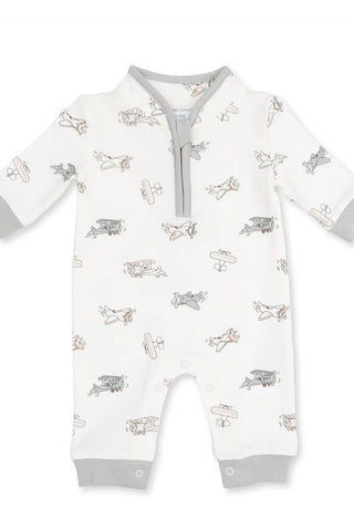 A baby long-sleeve footless romper in white, featuring a repeating pattern of small vintage airplanes in gray and beige, with gray cuffs and collar trim.
