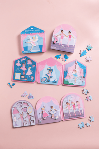 Set of ballerina-themed mini puzzles on a pink background