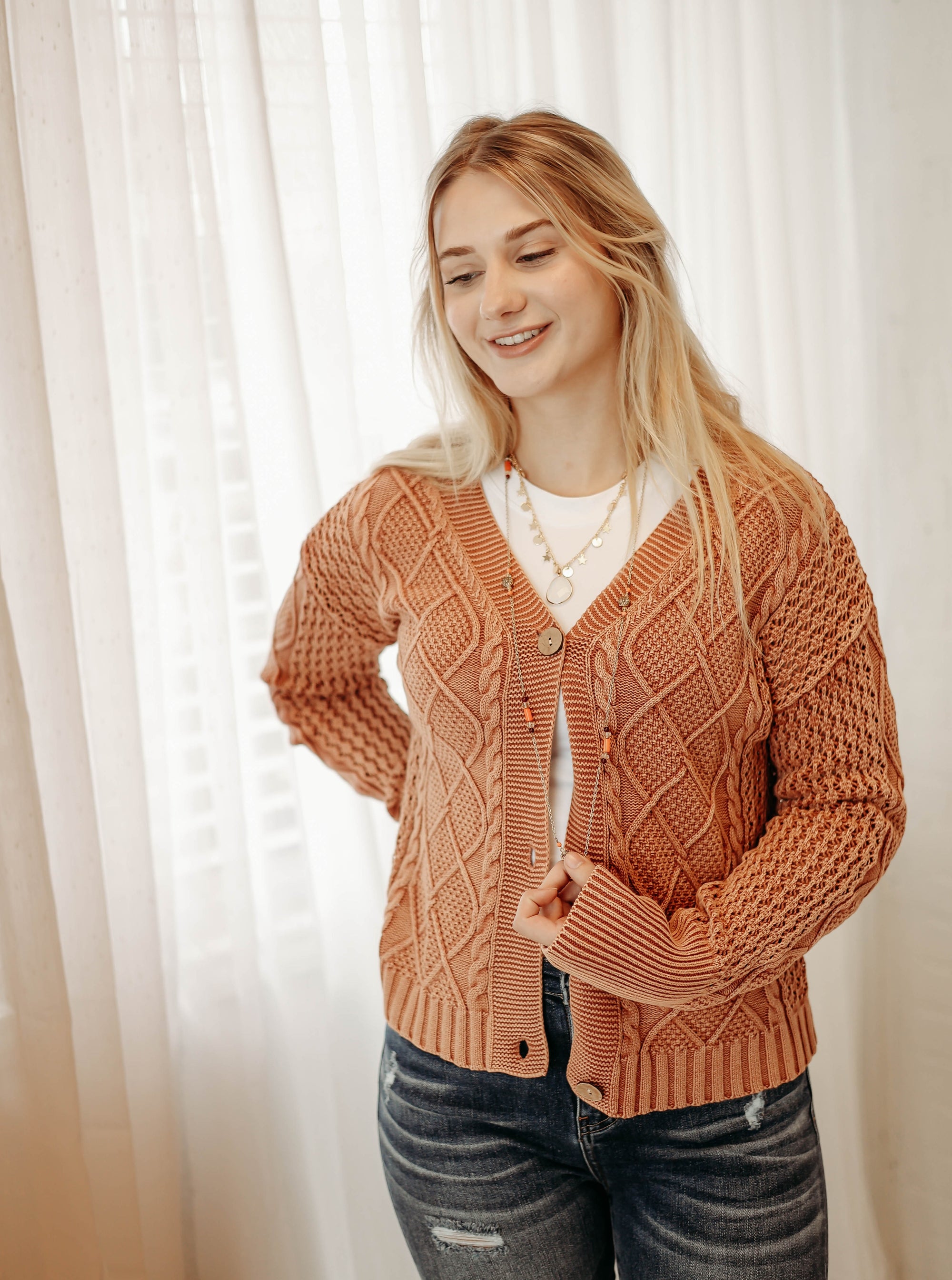 Washed Cable Knit Button-Down Crop Cardigan