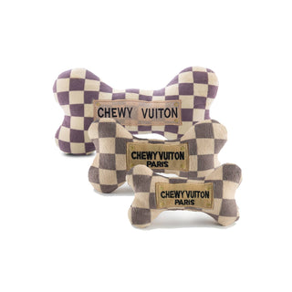 Tan Checker Chewy Vuiton Bones Squeaker Dog Toy: Large