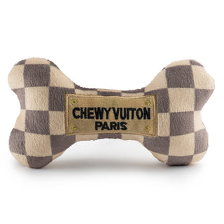 Tan Checker Chewy Vuiton Bones Squeaker Dog Toy: Small / Mini