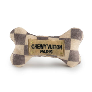 Tan Checker Chewy Vuiton Bones Squeaker Dog Toy: XL