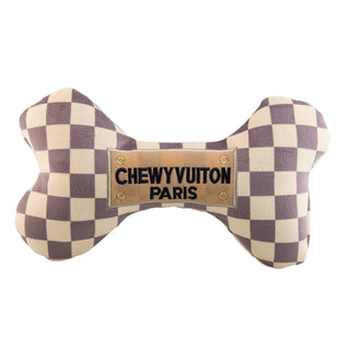 Tan Checker Chewy Vuiton Bones Squeaker Dog Toy: Large