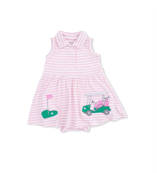 Pink and white striped romper with golf-themed design on a white background
