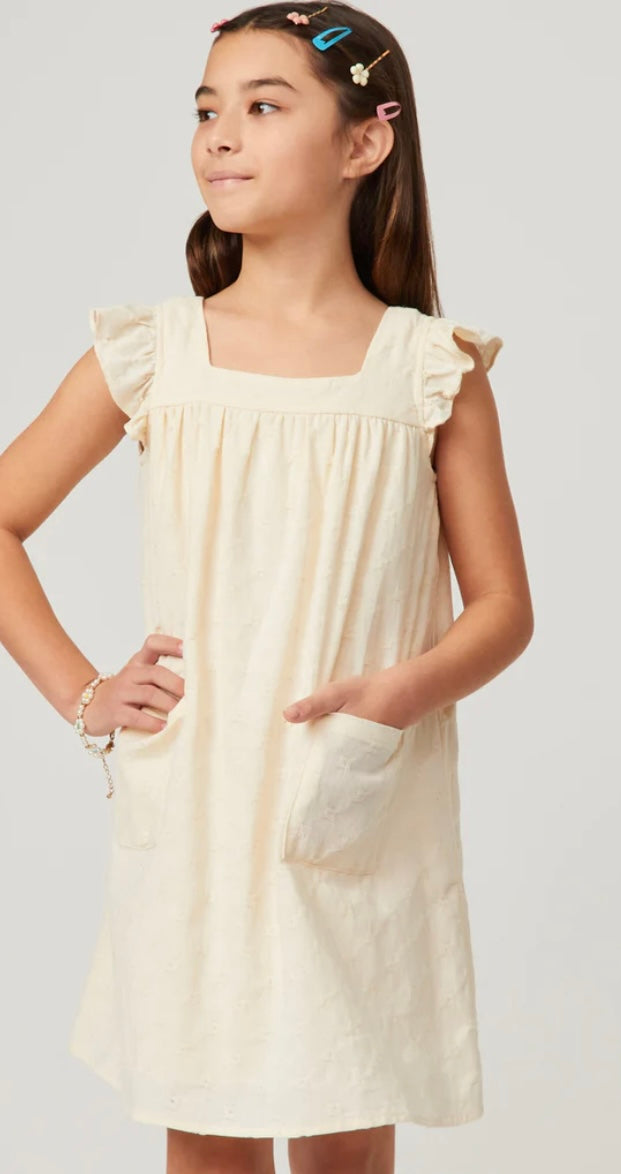 Hayden Girls Textured Square Neck Ruffled Sleeve Patch Pocket Dress