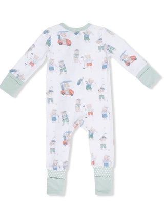 Baby onesie with teddy bear pattern on a white background
