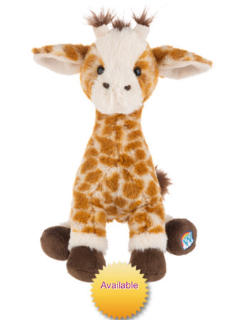 A plush giraffe toy with brown and cream patterned fur, sitting against a white background with a yellow 'Available' badge at the bottom.