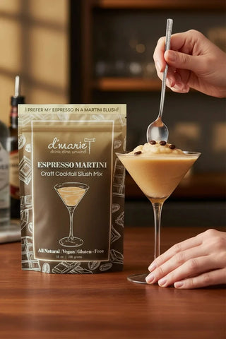 D'Marie Espresso Martini mix with a cocktail and spoon on a wooden surface.