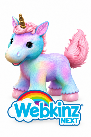 A colorful Webkinz Next unicorn toy with a pastel rainbow fur pattern, pink mane and tail, and a gold horn, shown on a white background with the Webkinz Next logo at the bottom.