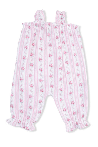 Baby onesie with pink floral pattern on a white background