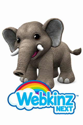 A 3D-rendered baby elephant toy or figurine with large ears, white tusks, and a pink tongue, shown on a white background above the Webkinz Next logo.