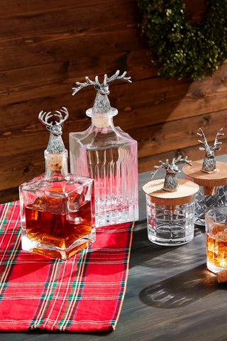 Decanters set up  on bar.