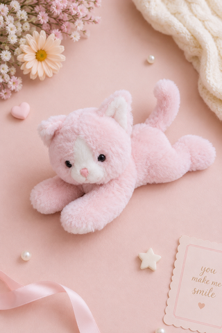 A soft pink plush kitten toy lying on a pastel pink background with decorative flowers, pearls, a ribbon, and a small card.