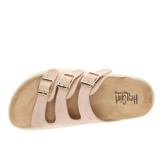 Beige sandal with gold buckles on a white background