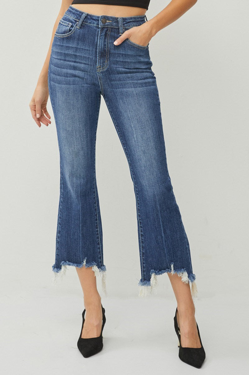 Risen High Rise Flare Frayed Hem Jean