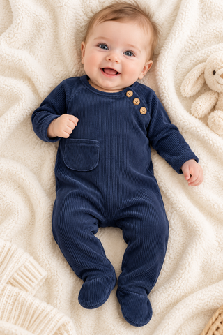 A baby lying on a cream-colored blanket wearing a navy blue corduroy footed romper with three wooden buttons on the chest.