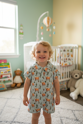 Child in a patterned romper standing in a nursery with a crib and toys.