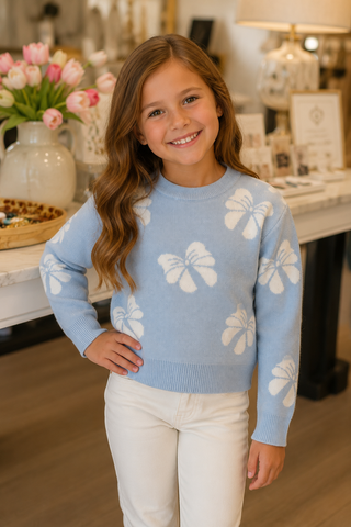 A young girl with long brown hair smiling while wearing a light blue knit sweater with large white floral motifs and white pants, standing in a brightly lit boutique interior.