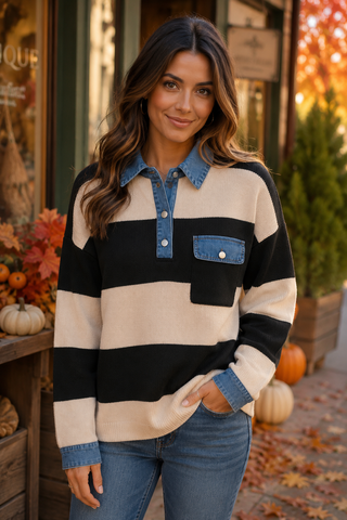 A woman wearing a long-sleeve rugby-style sweater with wide black and cream horizontal stripes and blue denim collar, cuffs, and chest pocket, standing outdoors in front of a storefront with pumpkins and autumn decor.