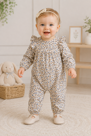 A baby standing in a nursery wearing a beige long-sleeve footless jumpsuit with a blue and yellow floral print, a matching beige bow headband, and beige shoes.