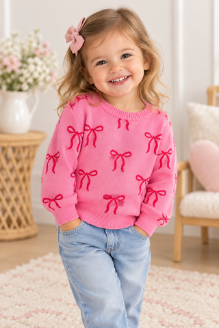 A young girl with blonde hair and a pink bow hair clip is smiling, wearing a pink crewneck sweater with red bow patterns and light blue jeans, standing in a cozy, brightly lit room.