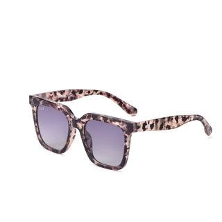 Sunglasses with leopard print frame and purple lenses on a white background