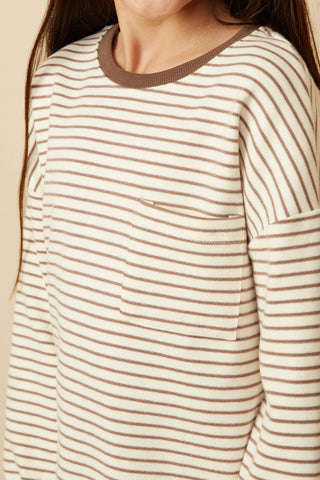 Close up view of the front pocket and the pattern of the top.