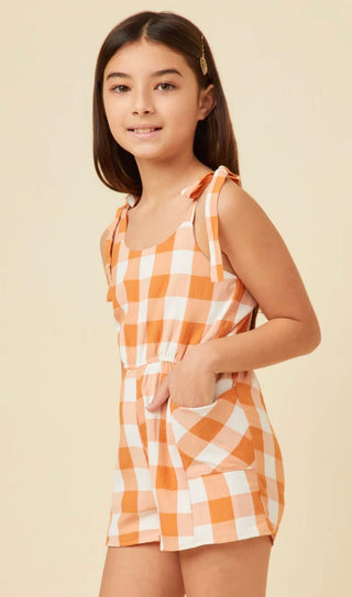 Hayden Girl Tie Shoulder Smocked Back Checkered Romper