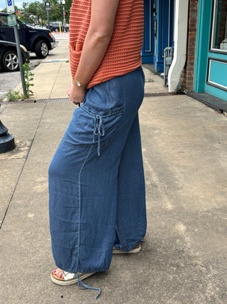 Cargo wide leg jogger pants side view.