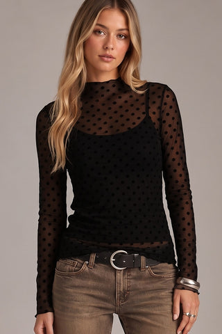 Black long sleeve sheer polka dot top