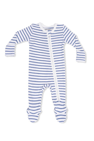 Blue and white striped baby onesie with a zipper on a white background