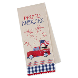 Decorative towel with red truck, American flag, and 'Proud American' text on a white background