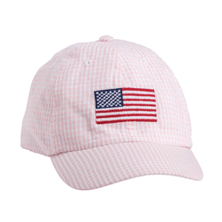 Pink checkered cap with American flag patch on a white background