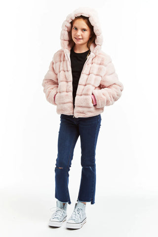 Tractr Hooded Teddy Fur Puffer in Blush