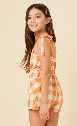 Hayden Girl Tie Shoulder Smocked Back Checkered Romper