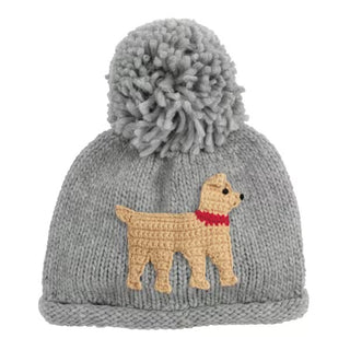 Gray knit beanie with a dog patch and red scarf on a white background