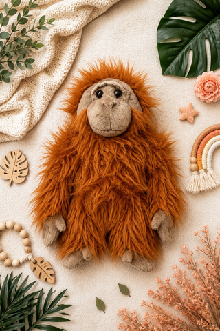 A plush stuffed animal shaped like an orangutan, covered in shaggy orange-brown faux fur with a beige face and hands, arranged in a styled flat lay on a cream fabric background with leaves, a knit blanket, a rainbow, beads, and dried flowers.