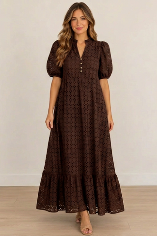 Women wearing brown eyelet dress in brown. 