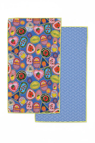 Colorful patterned towel on the left and plain blue towel on the right