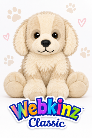 A plush puppy toy with cream and light tan fur, large dark eyes, and a black nose, centered on a white background with paw prints and hearts. The Webkinz Classic logo appears at the bottom.