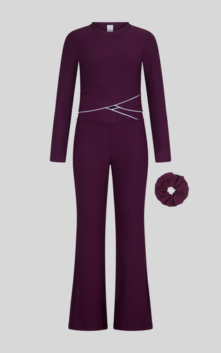 A dark maroon long-sleeve Pants set with a white abstract line pattern on the waist, shown on a light gray background with a matching hair scrunchie.