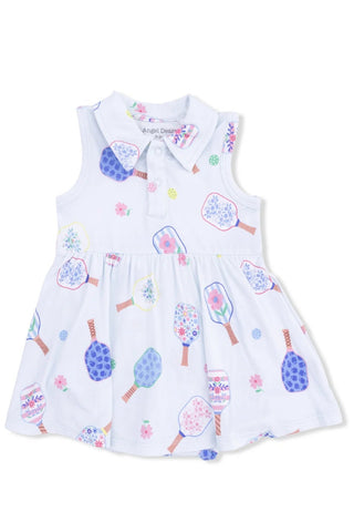 White dress with colorful pickleball print on a white background