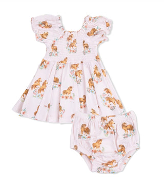 Pink dress with ponies on it and matching bloomers