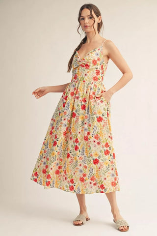 Woman wearing a floral dress on a plain background